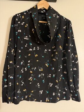 Banana Republic Black Floral Cowl-Neck Blouse with Teal and Mustard Accents